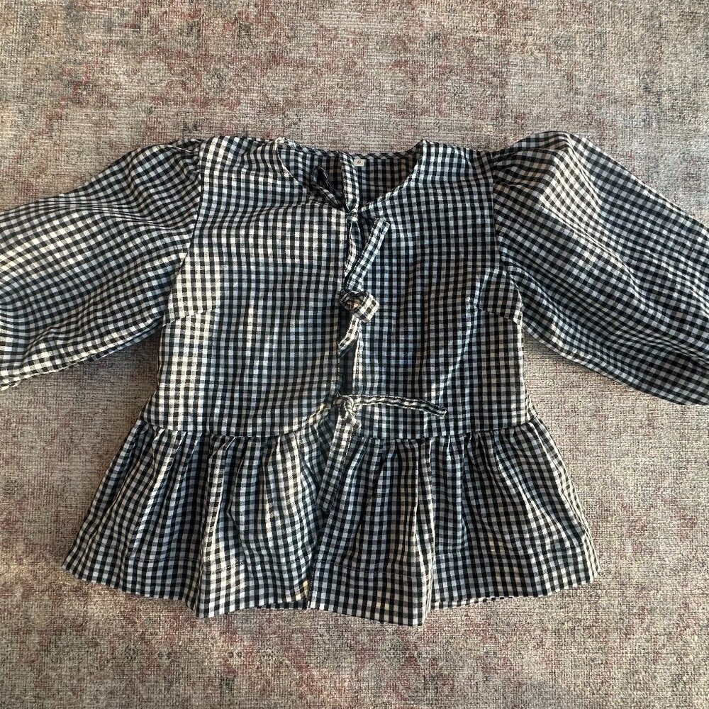 Gingham Puff Sleeve Babydoll Tie Front Top
